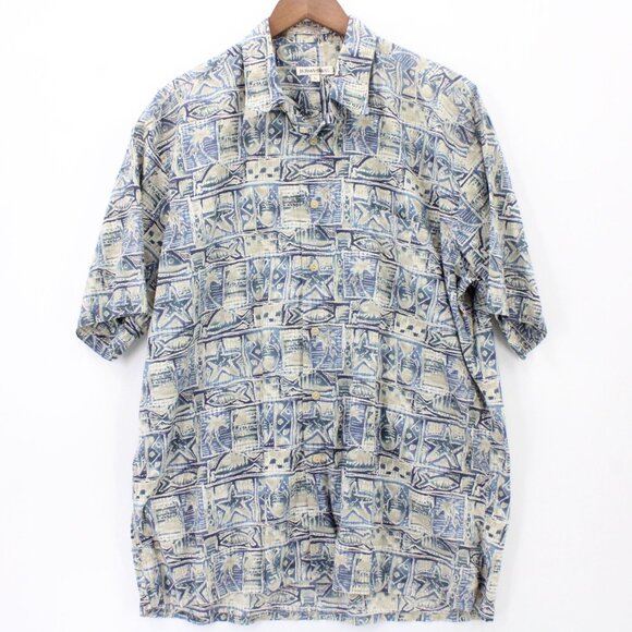 Vintage Burma Bibas Hawaiian Shirt Mens Blue Button Down Fishes Pattern Large L - Picture 1 of 9